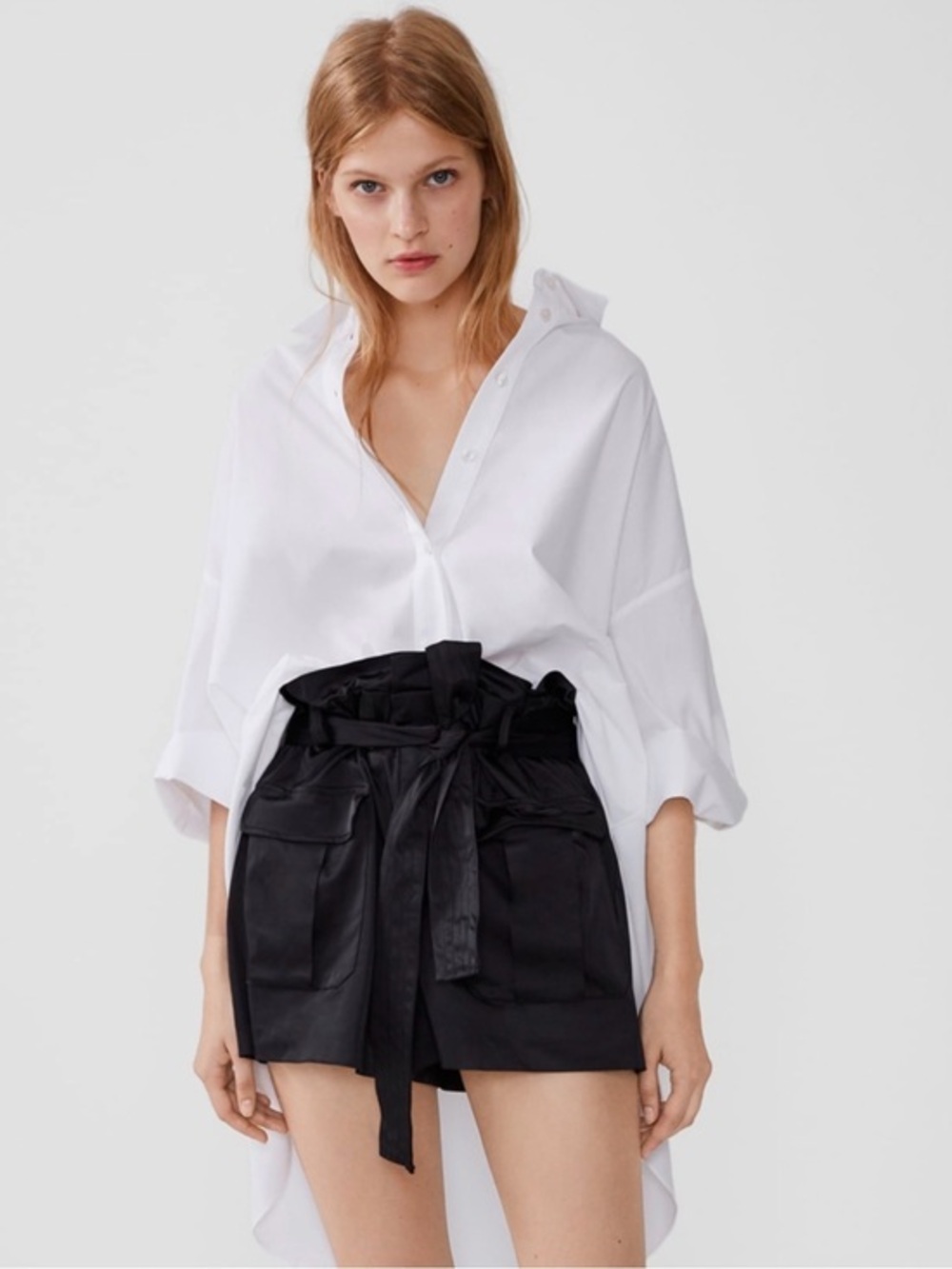 Zara Satin Black Paperbag Waist Cargo Shorts